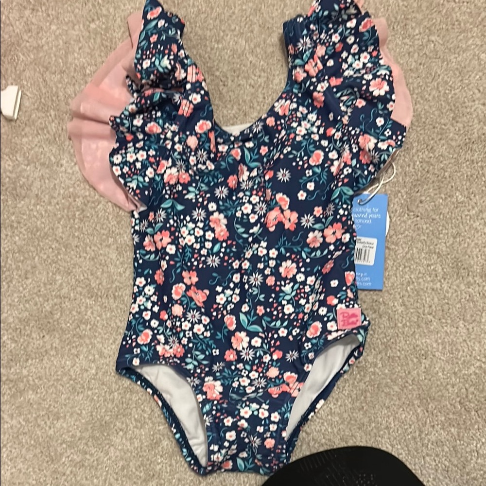 Ruffle Butts Floral Kids Swimsuit - Blue and Pink